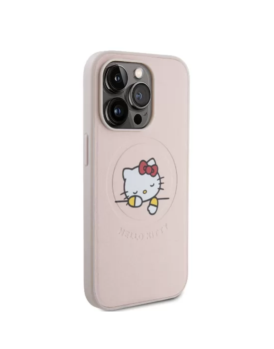 Apple iPhone 15 Pro Kılıf Hello Kitty Orjinal Lisanslı Magsafe Şarj Özellikli Baskı Logolu Uyuyan Kitty Deri Kapak