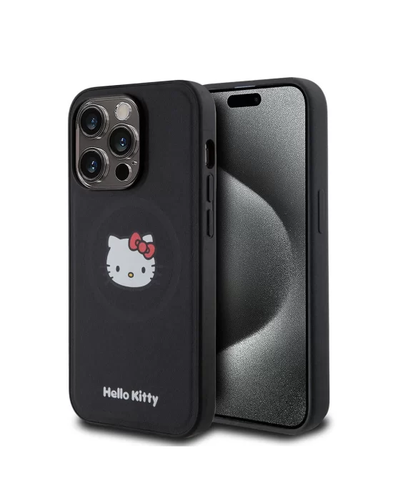 Apple iPhone 15 Pro Kılıf Hello Kitty Orjinal Lisanslı Magsafe Şarj Özellikli Kitty Head Deri Kapak