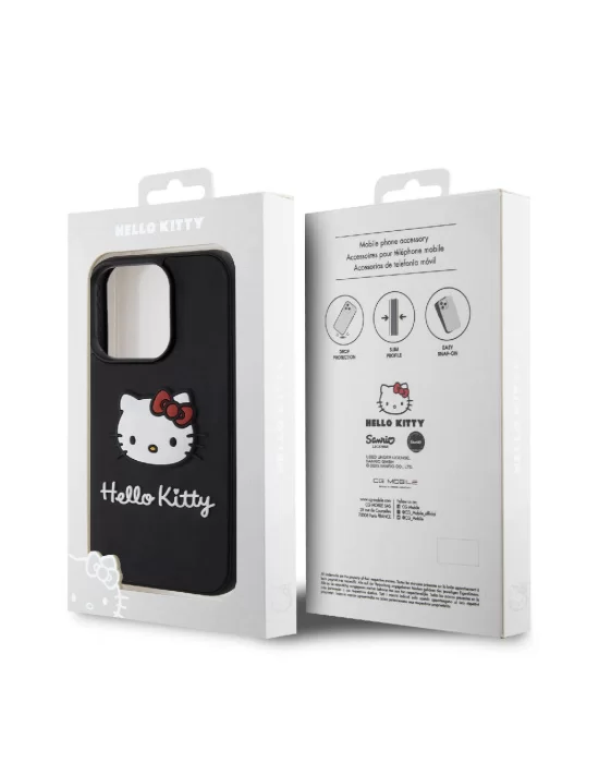 Apple iPhone 15 Pro Kılıf Hello Kitty Orjinal Lisanslı Yazı ve İkonik Logolu 3D Rubber Kitty Head Kapak