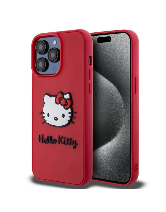 Apple iPhone 15 Pro Kılıf Hello Kitty Orjinal Lisanslı Yazı ve İkonik Logolu 3D Rubber Kitty Head Kapak