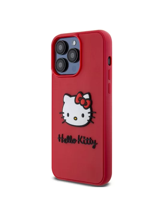 Apple iPhone 15 Pro Kılıf Hello Kitty Orjinal Lisanslı Yazı ve İkonik Logolu 3D Rubber Kitty Head Kapak