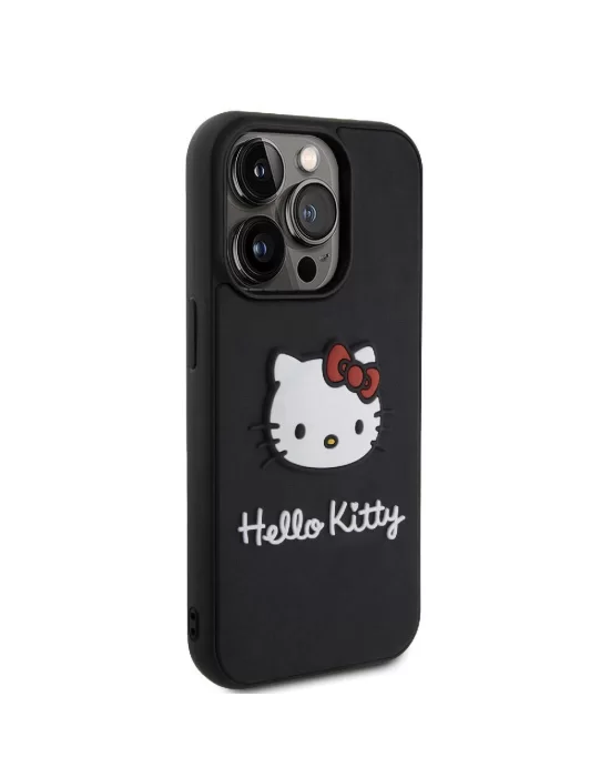 Apple iPhone 15 Pro Kılıf Hello Kitty Orjinal Lisanslı Yazı ve İkonik Logolu 3D Rubber Kitty Head Kapak