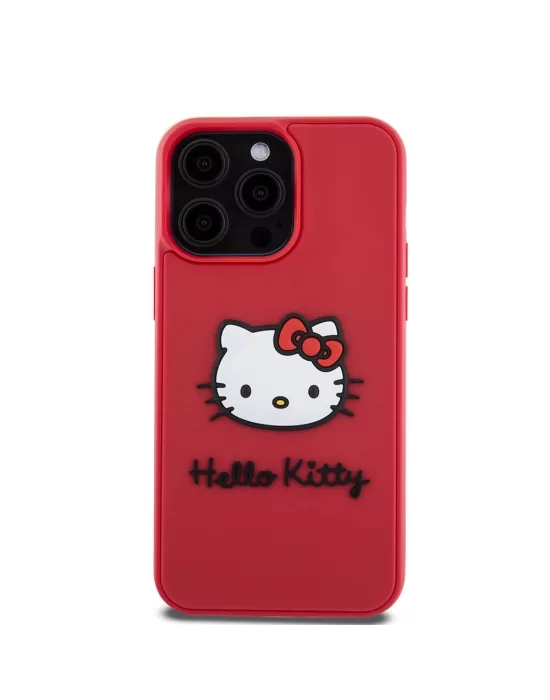 Apple iPhone 15 Pro Kılıf Hello Kitty Orjinal Lisanslı Yazı ve İkonik Logolu 3D Rubber Kitty Head Kapak