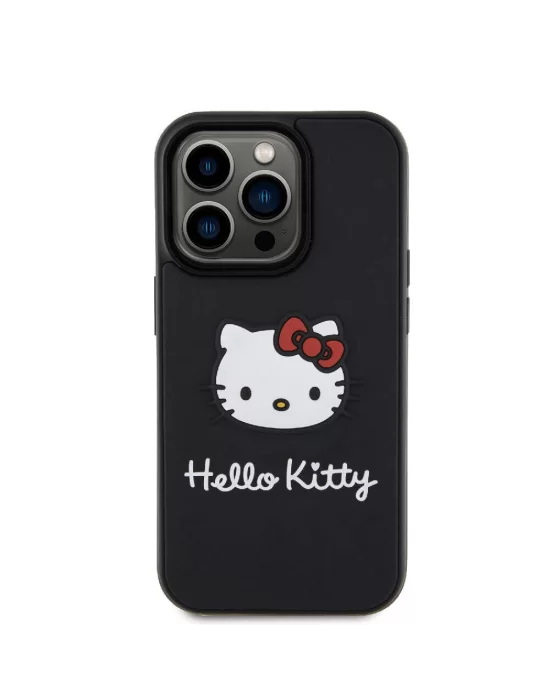 Apple iPhone 15 Pro Kılıf Hello Kitty Orjinal Lisanslı Yazı ve İkonik Logolu 3D Rubber Kitty Head Kapak