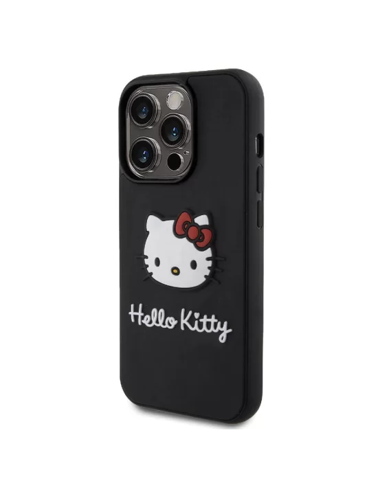 Apple iPhone 15 Pro Kılıf Hello Kitty Orjinal Lisanslı Yazı ve İkonik Logolu 3D Rubber Kitty Head Kapak