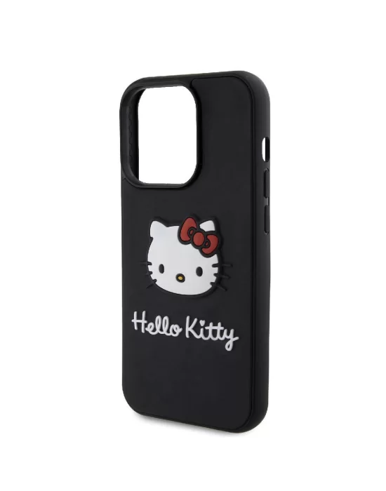 Apple iPhone 15 Pro Kılıf Hello Kitty Orjinal Lisanslı Yazı ve İkonik Logolu 3D Rubber Kitty Head Kapak