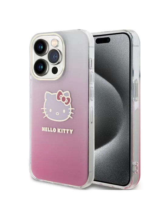 Apple iPhone 15 Pro Kılıf Hello Kitty Orjinal Lisanslı Yazı ve İkonik Logolu Elektroplating Kaplama Gradyan Kapak