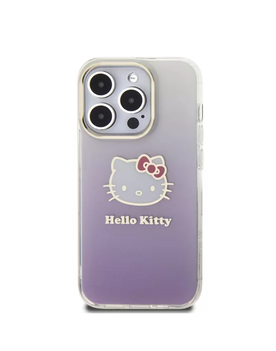 Apple iPhone 15 Pro Kılıf Hello Kitty Orjinal Lisanslı Yazı ve İkonik Logolu Elektroplating Kaplama Gradyan Kapak