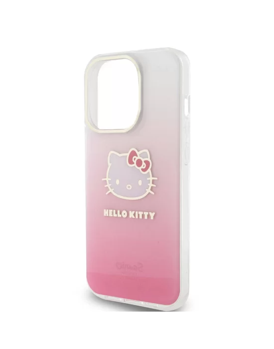 Apple iPhone 15 Pro Kılıf Hello Kitty Orjinal Lisanslı Yazı ve İkonik Logolu Elektroplating Kaplama Gradyan Kapak