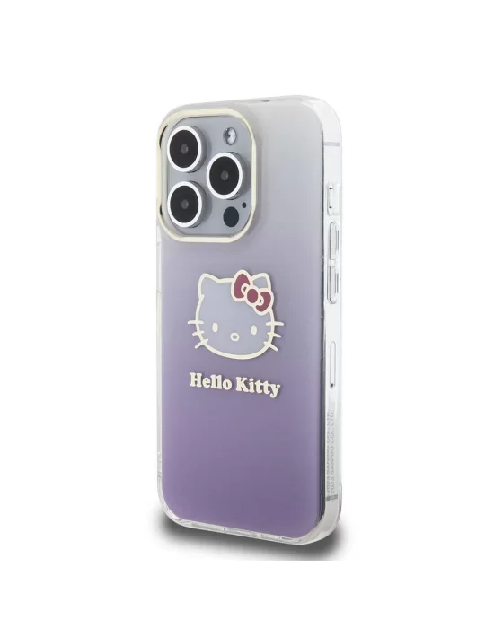 Apple iPhone 15 Pro Kılıf Hello Kitty Orjinal Lisanslı Yazı ve İkonik Logolu Elektroplating Kaplama Gradyan Kapak