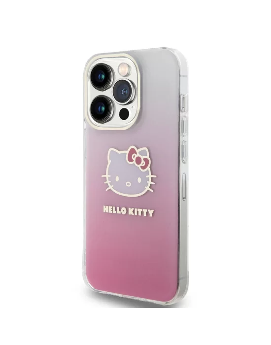 Apple iPhone 15 Pro Kılıf Hello Kitty Orjinal Lisanslı Yazı ve İkonik Logolu Elektroplating Kaplama Gradyan Kapak