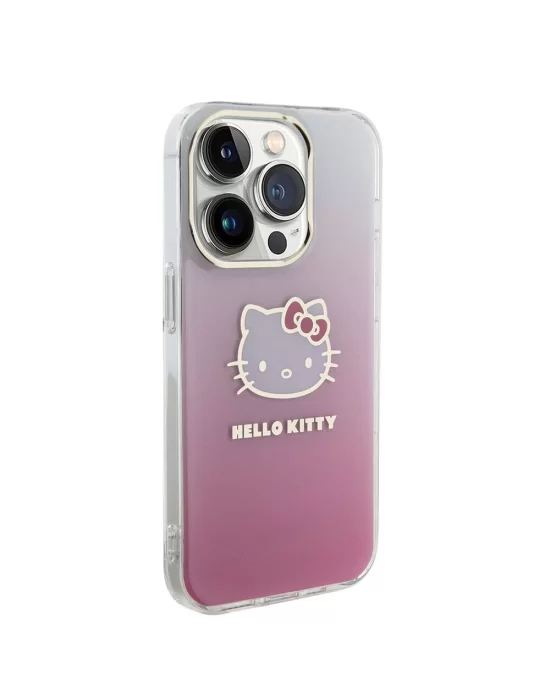 Apple iPhone 15 Pro Kılıf Hello Kitty Orjinal Lisanslı Yazı ve İkonik Logolu Elektroplating Kaplama Gradyan Kapak