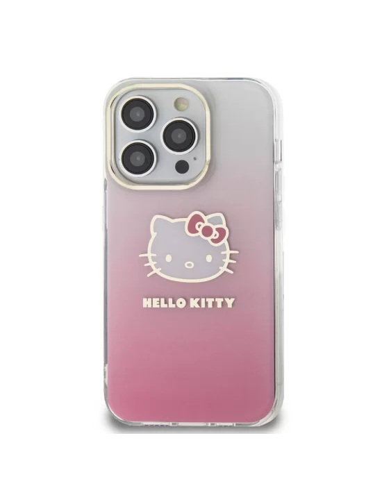 Apple iPhone 15 Pro Kılıf Hello Kitty Orjinal Lisanslı Yazı ve İkonik Logolu Elektroplating Kaplama Gradyan Kapak