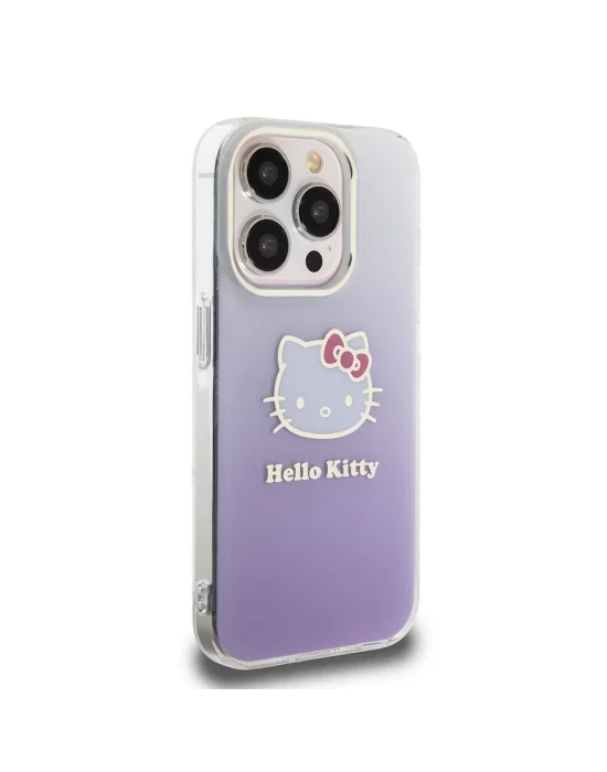 Apple iPhone 15 Pro Kılıf Hello Kitty Orjinal Lisanslı Yazı ve İkonik Logolu Elektroplating Kaplama Gradyan Kapak