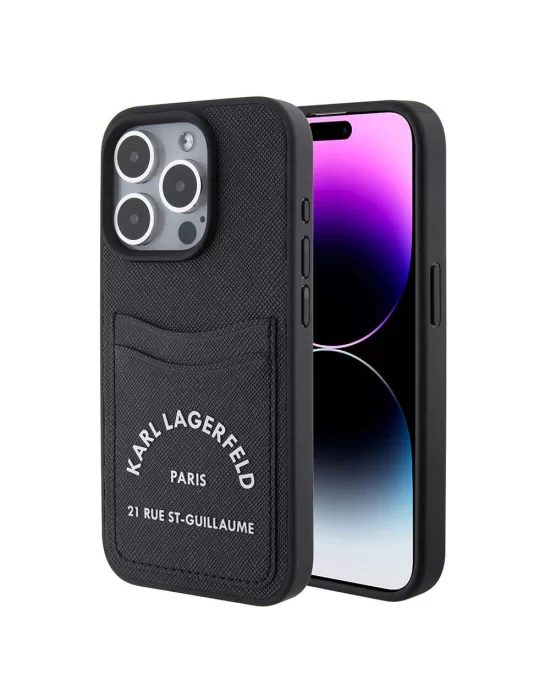 Apple iPhone 15 Pro Kılıf Karl Lagerfeld Kartlıklı Saffiano 3D RSG Logo Orjinal Lisanslı Kapak