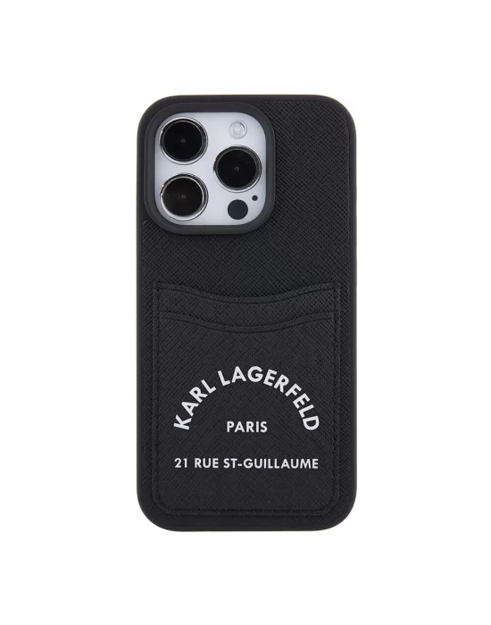 Apple iPhone 15 Pro Kılıf Karl Lagerfeld Kartlıklı Saffiano 3D RSG Logo Orjinal Lisanslı Kapak