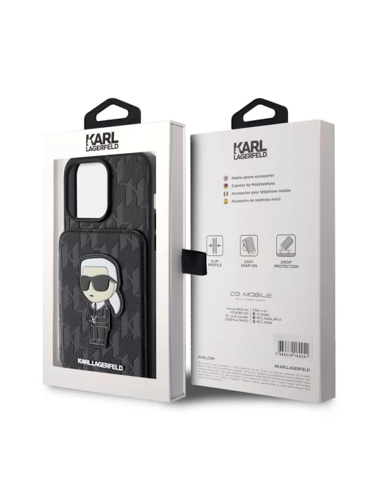 Apple iPhone 15 Pro Kılıf Karl Lagerfeld Standlı Kartlıklı Saffiano Monogram İkonik Metal Logo Orjinal Lisanslı Kapak