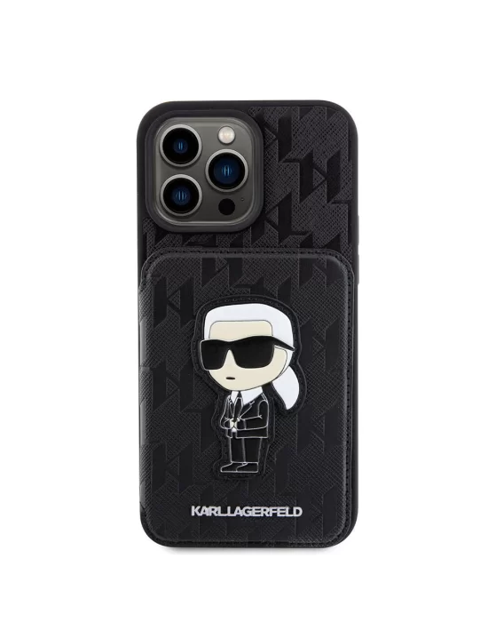 Apple iPhone 15 Pro Kılıf Karl Lagerfeld Standlı Kartlıklı Saffiano Monogram İkonik Metal Logo Orjinal Lisanslı Kapak