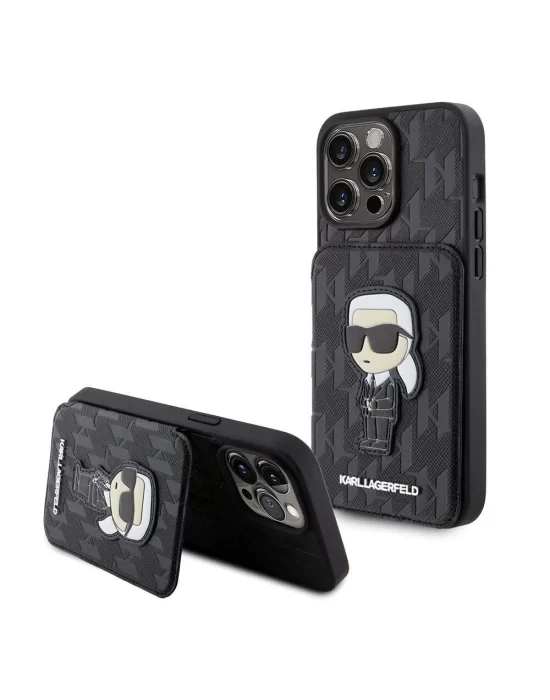 Apple iPhone 15 Pro Kılıf Karl Lagerfeld Standlı Kartlıklı Saffiano Monogram İkonik Metal Logo Orjinal Lisanslı Kapak