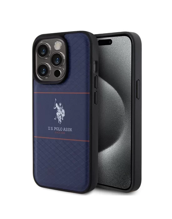 Apple iPhone 15 Pro Kılıf U.S. Polo Assn. Orjinal Lisanslı Deri Şeritli Logo Dizayn Kapak