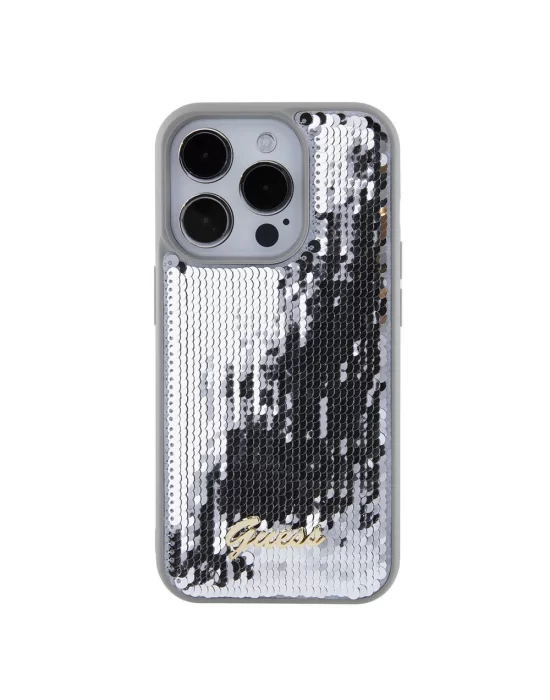 Apple iPhone 15 Pro Max Kılıf Guess Orjinal Lisanslı Pullu Arka Yüzey Metal Yazı Logolu Sequin Script Kapak