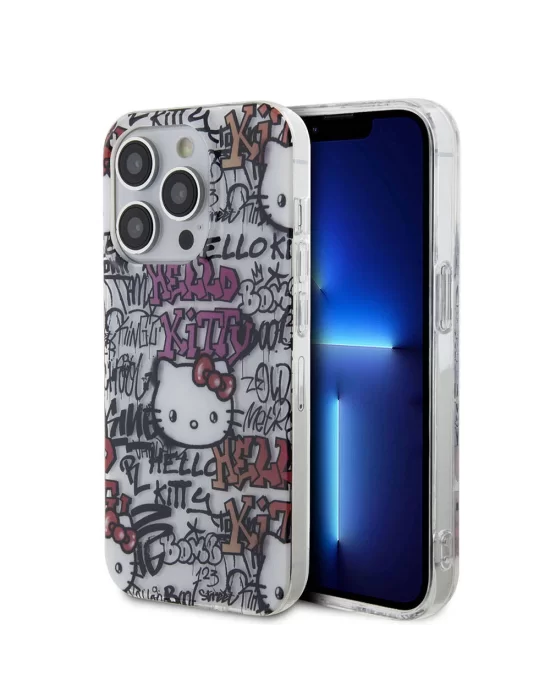 Apple iPhone 15 Pro Max Kılıf Hello Kitty Orjinal Lisanslı İkonik Logolu Etiket Graffiti Kapak