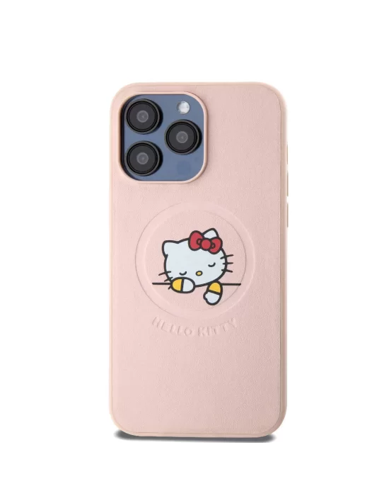 Apple iPhone 15 Pro Max Kılıf Hello Kitty Orjinal Lisanslı Magsafe Şarj Özellikli Baskı Logolu Uyuyan Kitty Deri Kapak