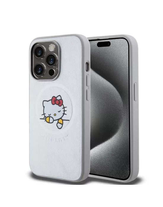 Apple iPhone 15 Pro Max Kılıf Hello Kitty Orjinal Lisanslı Magsafe Şarj Özellikli Baskı Logolu Uyuyan Kitty Deri Kapak