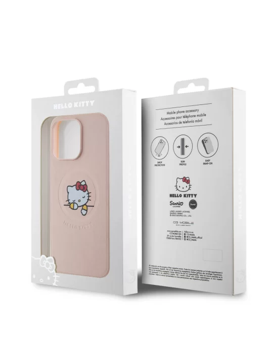 Apple iPhone 15 Pro Max Kılıf Hello Kitty Orjinal Lisanslı Magsafe Şarj Özellikli Baskı Logolu Uyuyan Kitty Deri Kapak