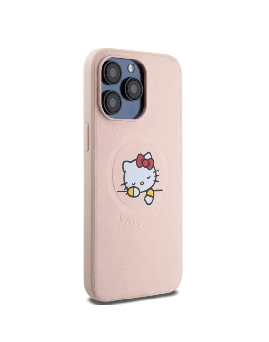 Apple iPhone 15 Pro Max Kılıf Hello Kitty Orjinal Lisanslı Magsafe Şarj Özellikli Baskı Logolu Uyuyan Kitty Deri Kapak