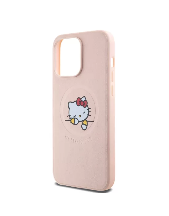 Apple iPhone 15 Pro Max Kılıf Hello Kitty Orjinal Lisanslı Magsafe Şarj Özellikli Baskı Logolu Uyuyan Kitty Deri Kapak