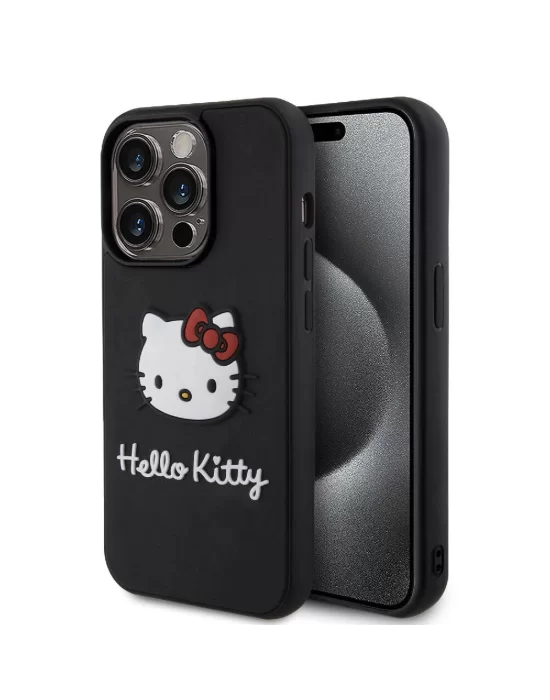 Apple iPhone 15 Pro Max Kılıf Hello Kitty Orjinal Lisanslı Yazı ve İkonik Logolu 3D Rubber Kitty Head Kapak