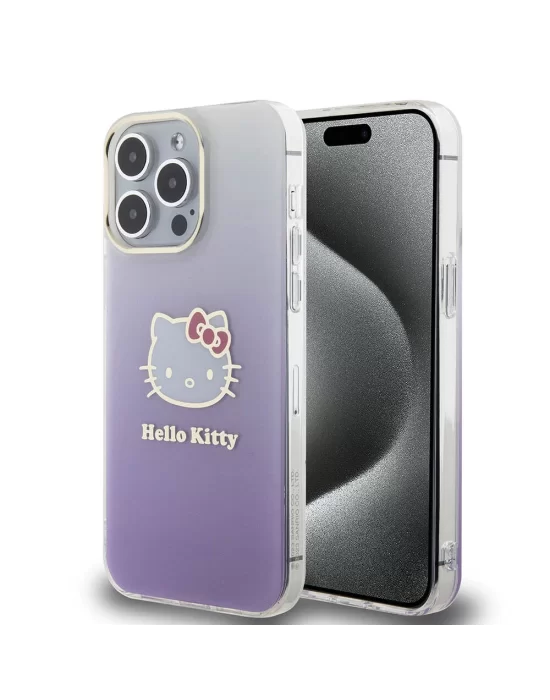 Apple iPhone 15 Pro Max Kılıf Hello Kitty Orjinal Lisanslı Yazı ve İkonik Logolu Elektroplating Kaplama Gradyan Kapak