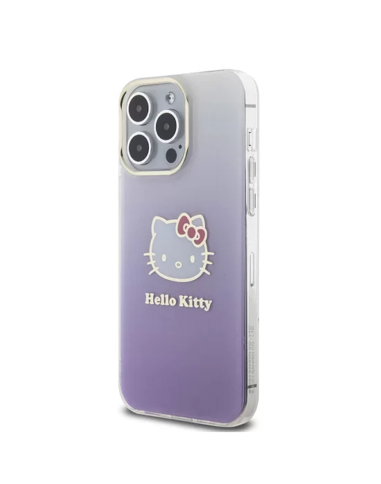 Apple iPhone 15 Pro Max Kılıf Hello Kitty Orjinal Lisanslı Yazı ve İkonik Logolu Elektroplating Kaplama Gradyan Kapak