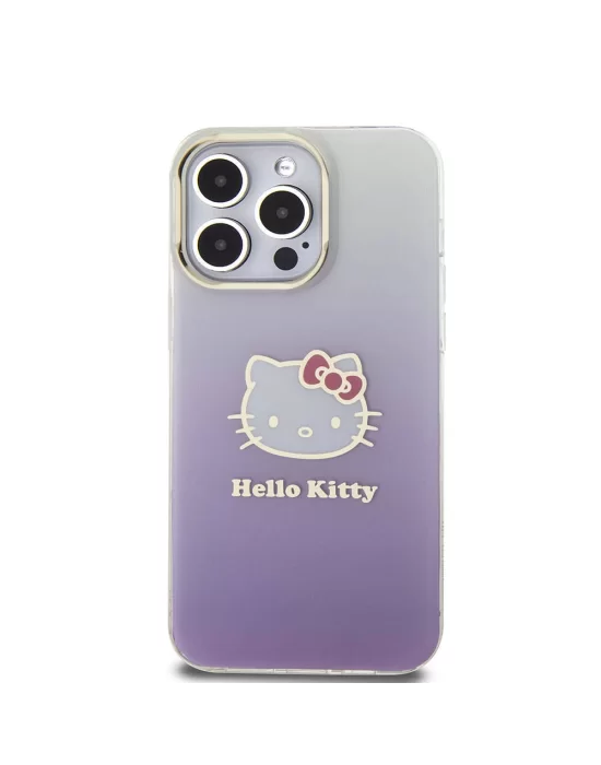 Apple iPhone 15 Pro Max Kılıf Hello Kitty Orjinal Lisanslı Yazı ve İkonik Logolu Elektroplating Kaplama Gradyan Kapak