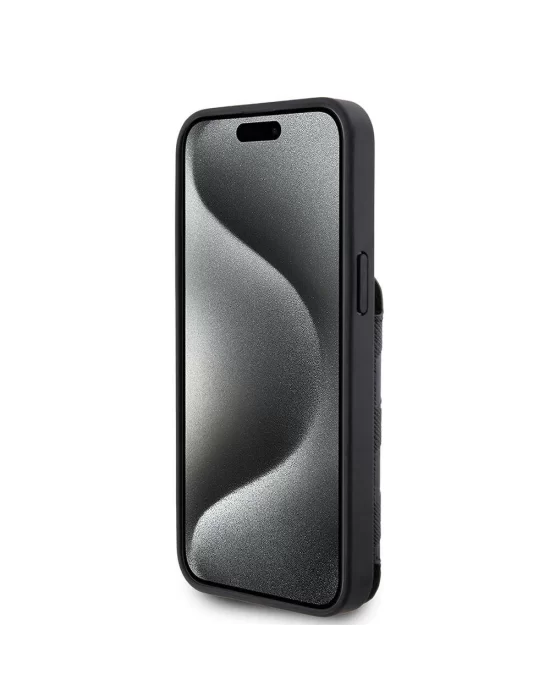 Apple iPhone 15 Pro Max Kılıf Karl Lagerfeld Standlı Kartlıklı Saffiano Monogram İkonik Metal Logo Orjinal Lisanslı Kapak