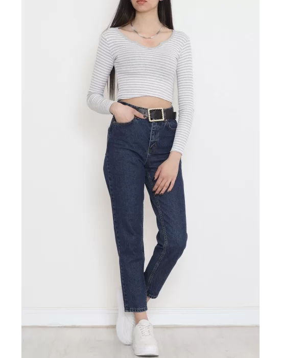 Çizgili Crop Bluz Gri - 11897.1567.