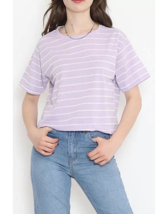 Çizgili Crop Tişört Lila - 9525.1567.