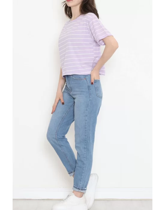 Çizgili Crop Tişört Lila - 9525.1567.