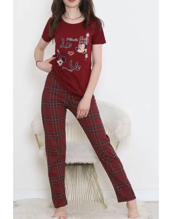 Desenli Pijama Takımı Bordo - 15279.1773.