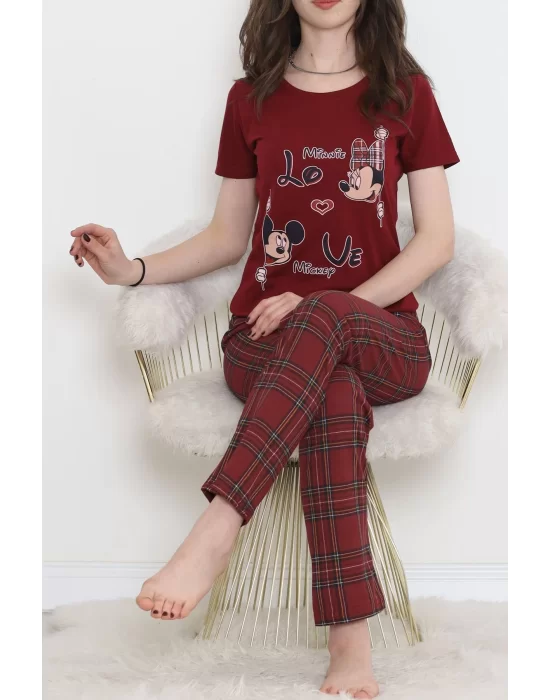 Desenli Pijama Takımı Bordo - 15279.1773.