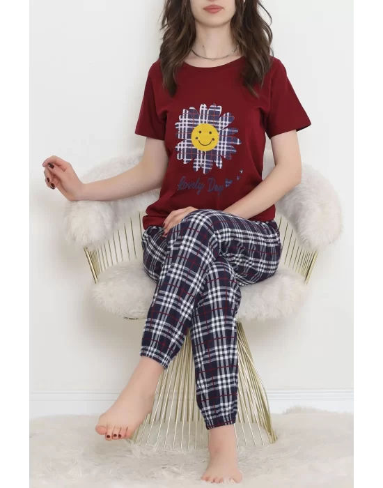 Desenli Pijama Takımı Bordo1 - 15279.1773.