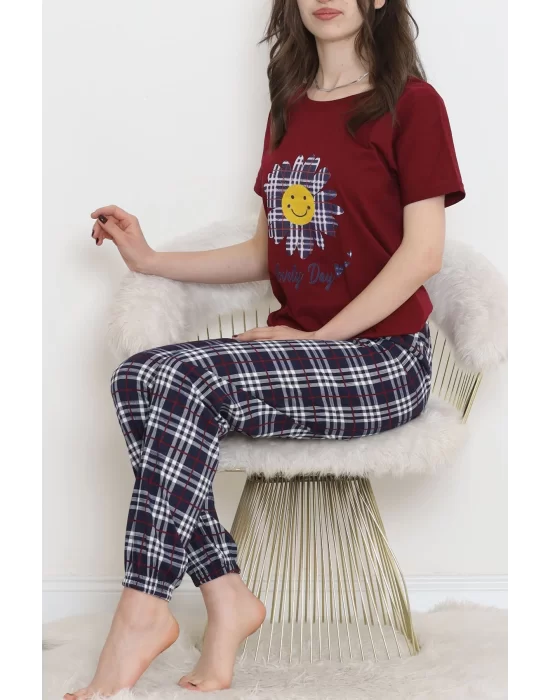 Desenli Pijama Takımı Bordo1 - 15279.1773.