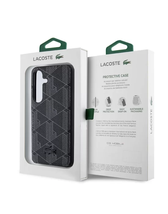 Galaxy S24 Kılıf Lacoste Orjinal Lisanslı Magsafe Şarj Özellikli PU Deri Görünümlü Karışık Monogram Desenli Kapak