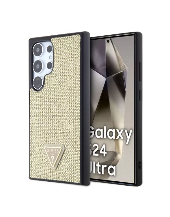 Galaxy S24 Ultra Kılıf Guess Orjinal Lisanslı Taşlı Arka Yüzey Üçgen Logolu Kapak