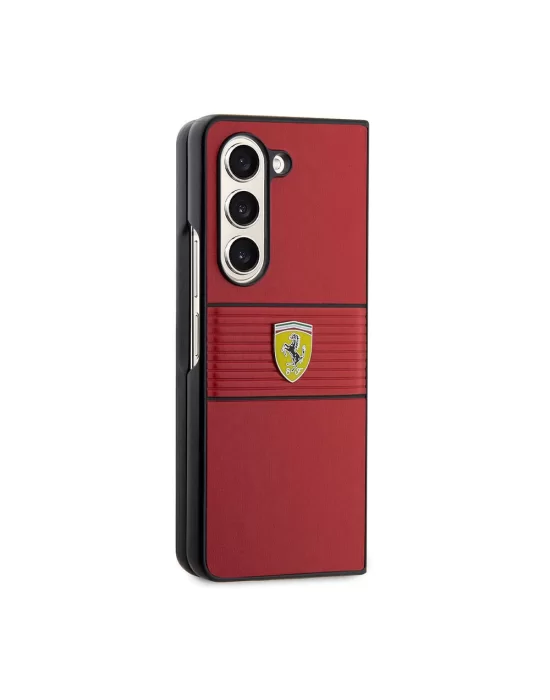 Galaxy Z Fold 5 Kılıf Ferrari Orjinal Lisanslı PU Deri Metal Logolu Multi Çizgili Kapak