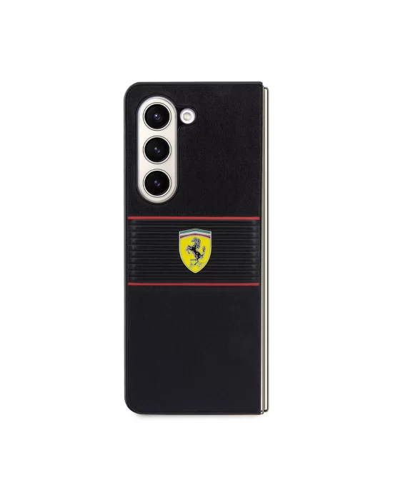 Galaxy Z Fold 5 Kılıf Ferrari Orjinal Lisanslı PU Deri Metal Logolu Multi Çizgili Kapak