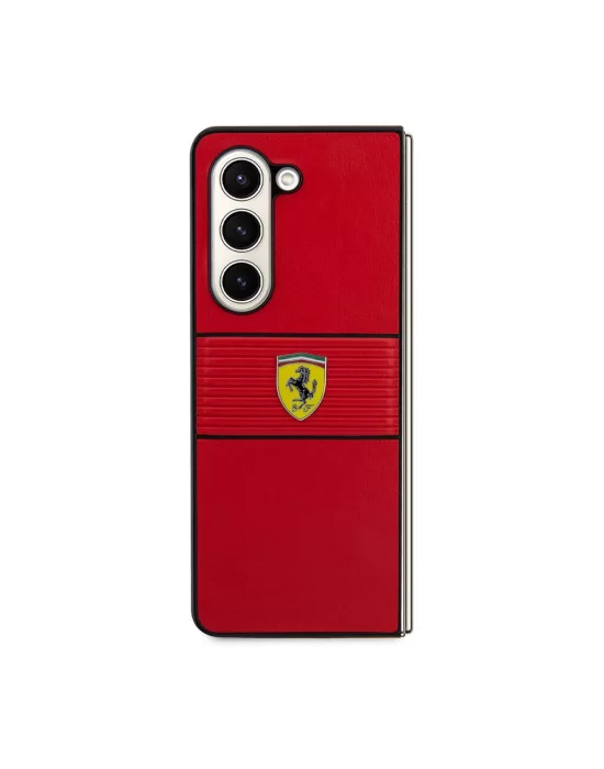 Galaxy Z Fold 5 Kılıf Ferrari Orjinal Lisanslı PU Deri Metal Logolu Multi Çizgili Kapak