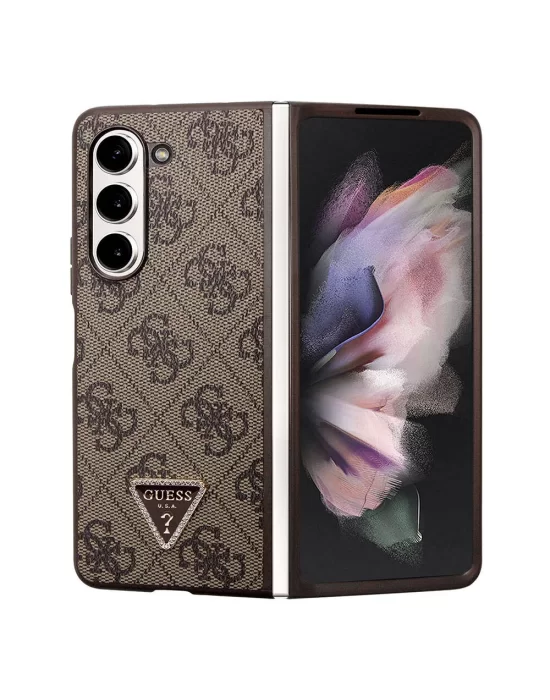 Galaxy Z Fold 5 Kılıf Guess Orjinal Lisanslı PU Deri Taşlı Üçgen Logo 4G Desenli Strass Kapak