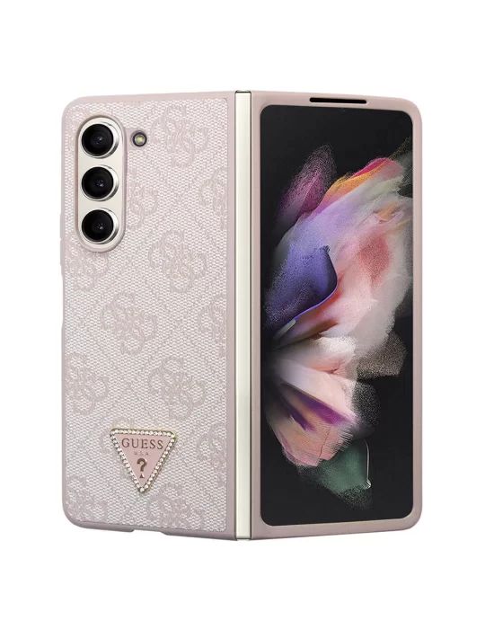 Galaxy Z Fold 5 Kılıf Guess Orjinal Lisanslı PU Deri Taşlı Üçgen Logo 4G Desenli Strass Kapak